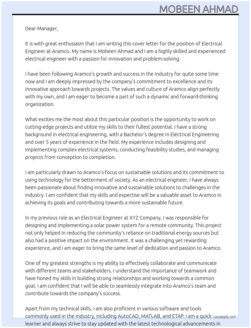 Electrical engineer At Aramco Cover Letter