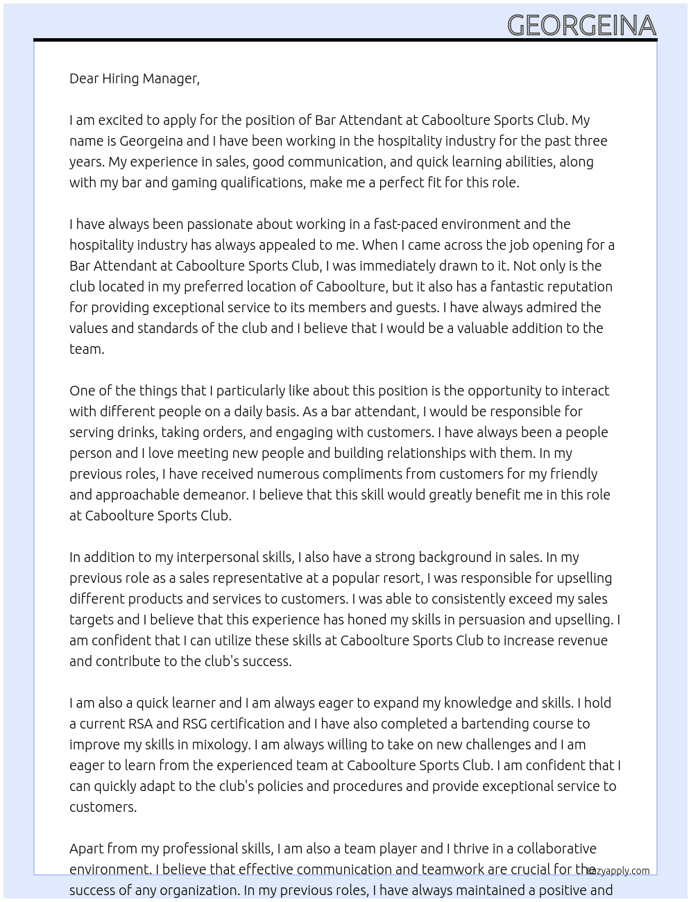 bar attendant At Caboolture sports club Cover Letter