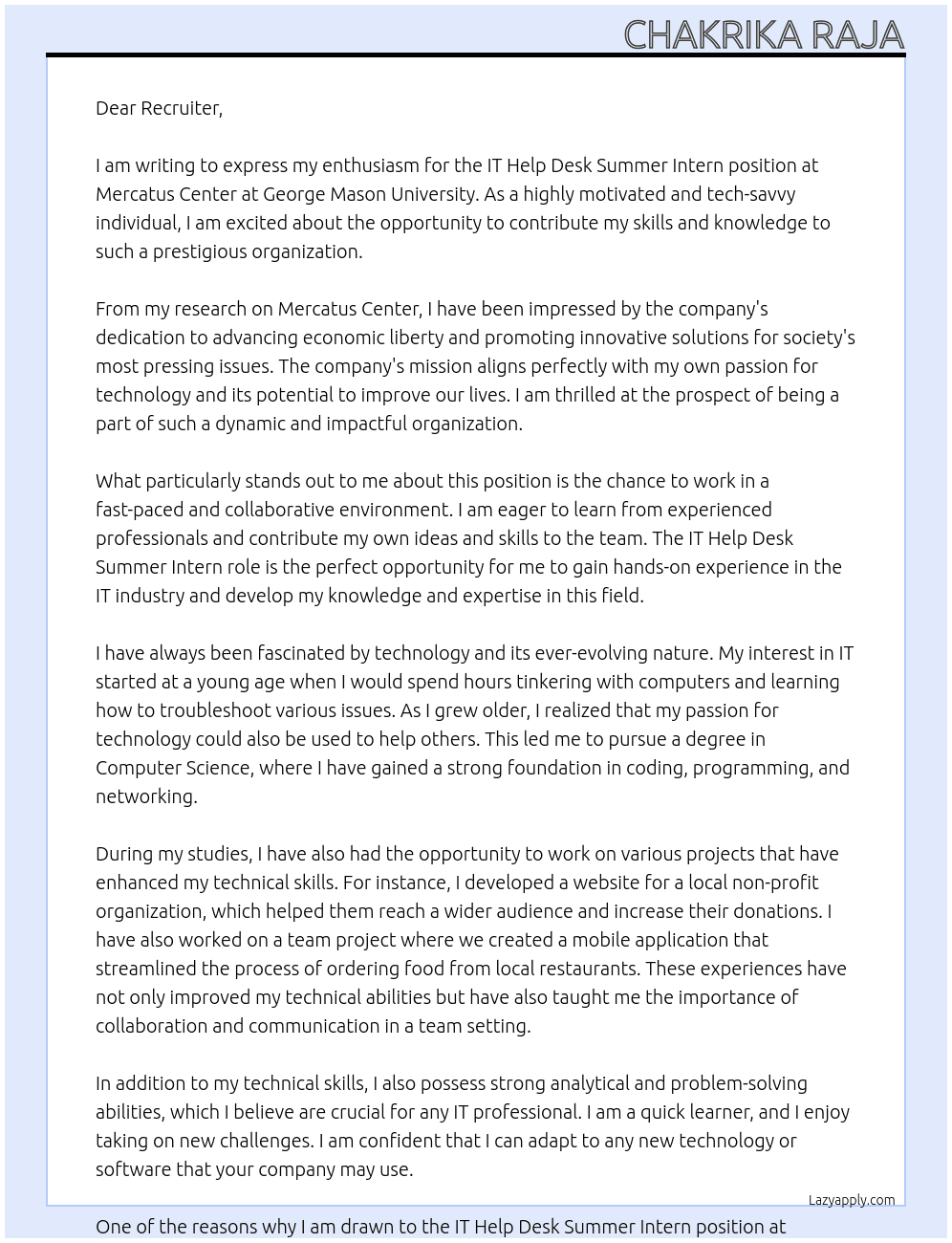 IT HELP DESK SUMMER INTERN At  Mercatus Center at George Mason University Cover Letter