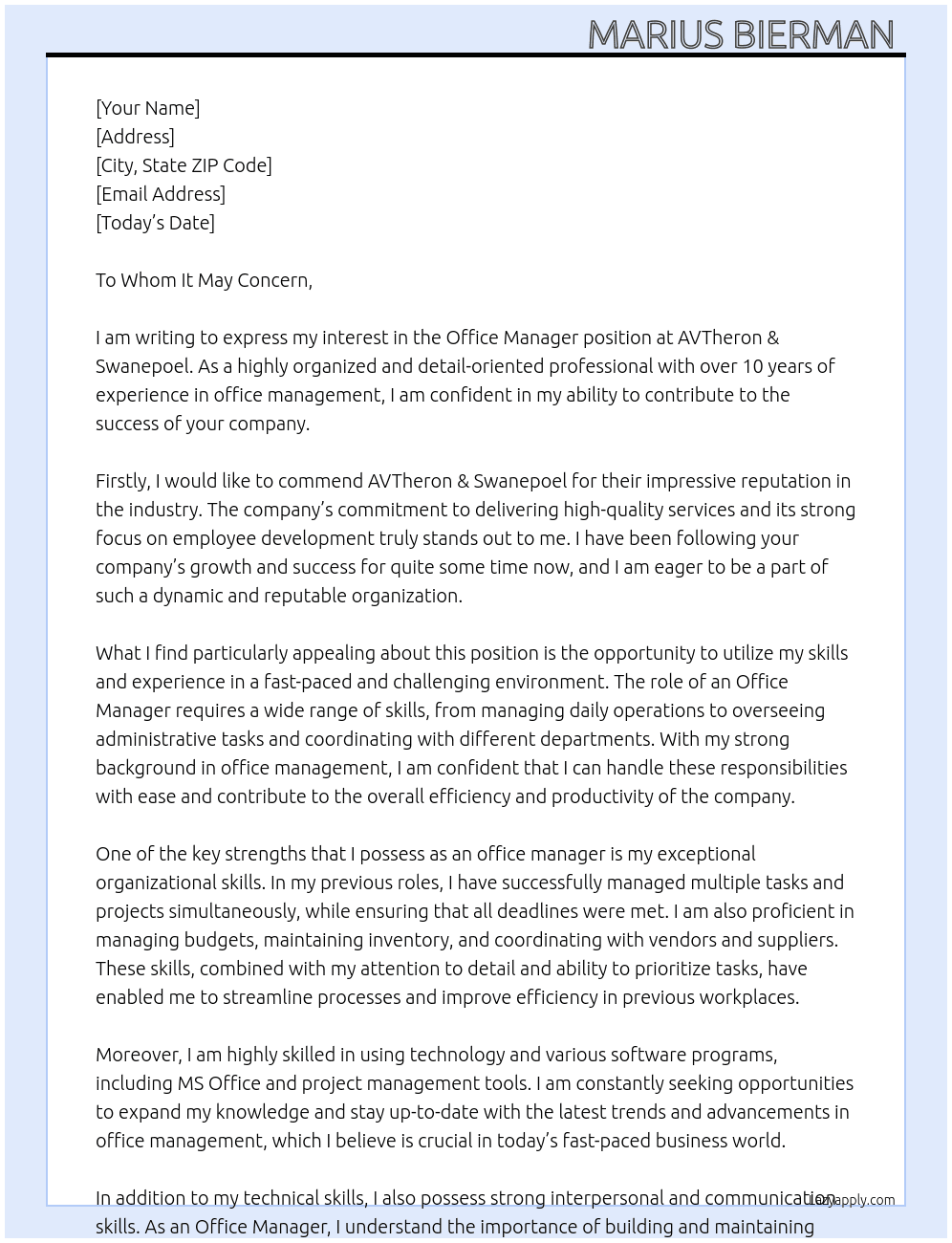 Office Manager  At AVTheron & Swanepoel Cover Letter