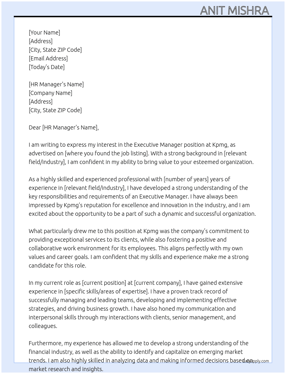 Executive manager  At Kpmg Cover Letter