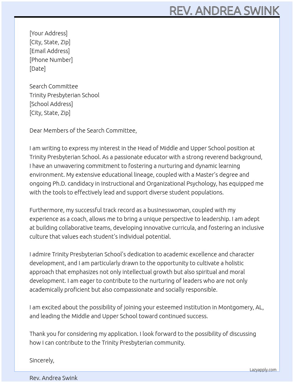 Head of Middle and Upper School At Trinity Presbyterian School Cover Letter