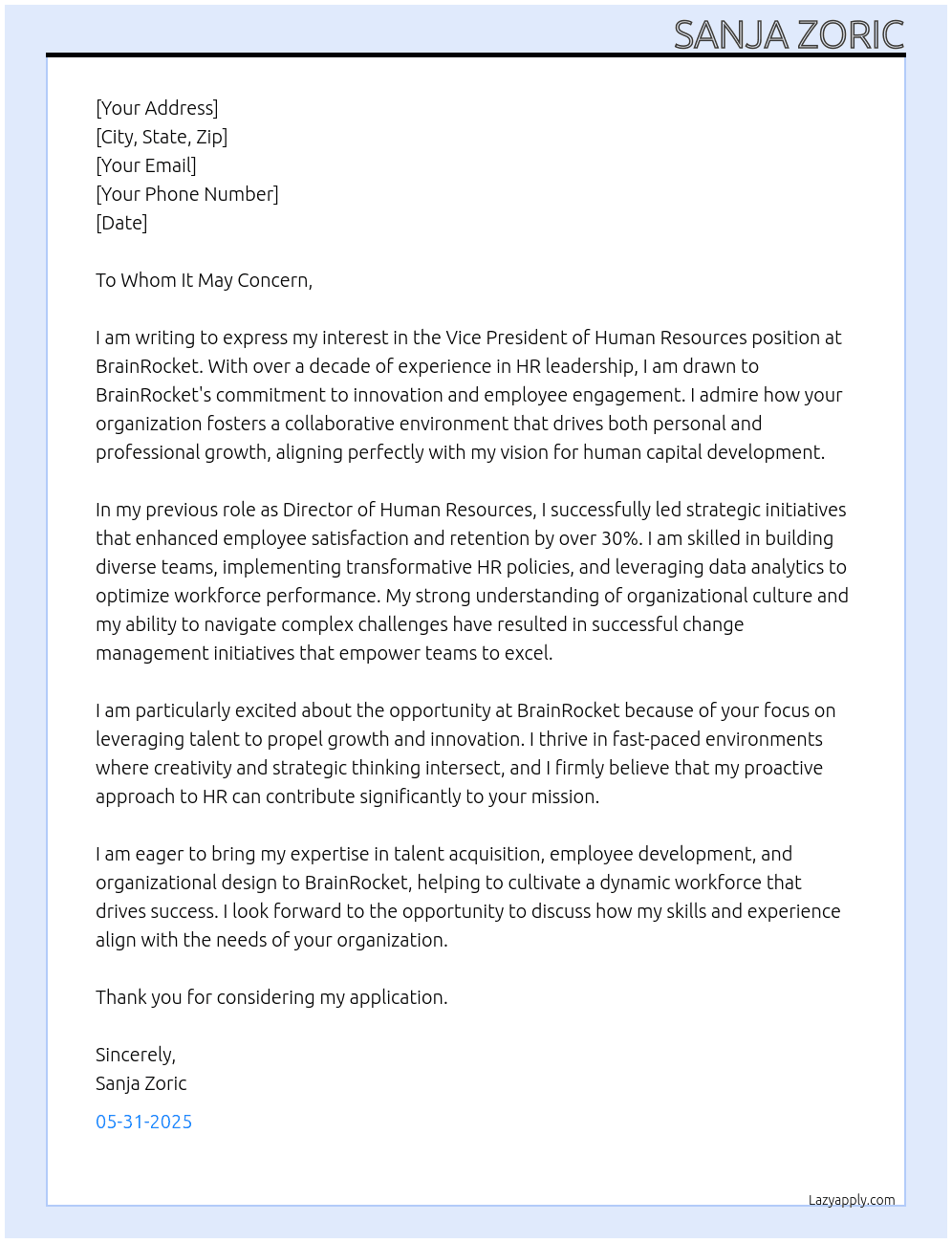 Vice President Human Resources At BrainRocket Cover Letter