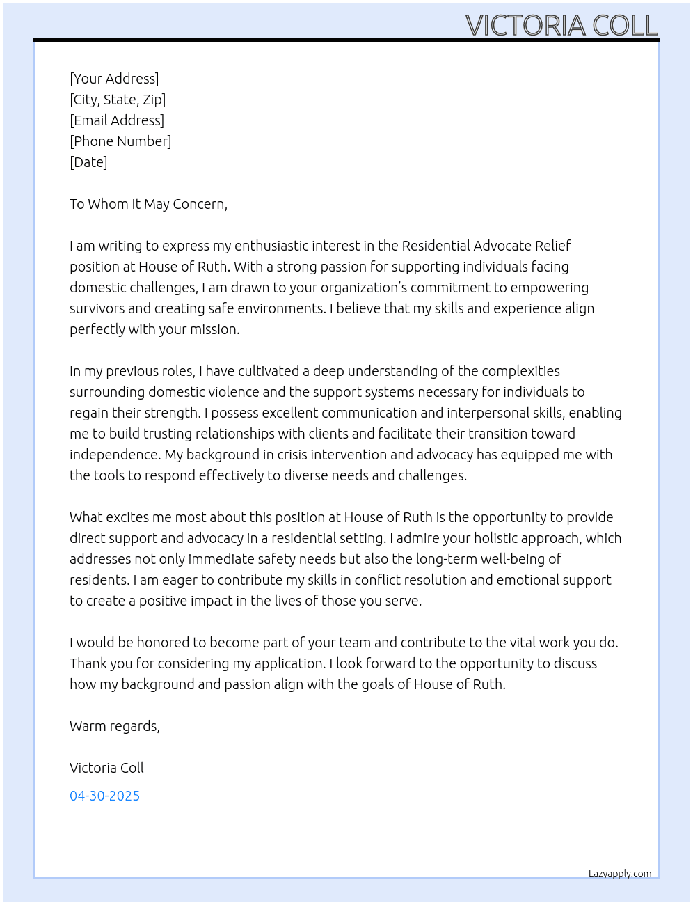 Residential Advocate Relief  At House of Ruth Cover Letter