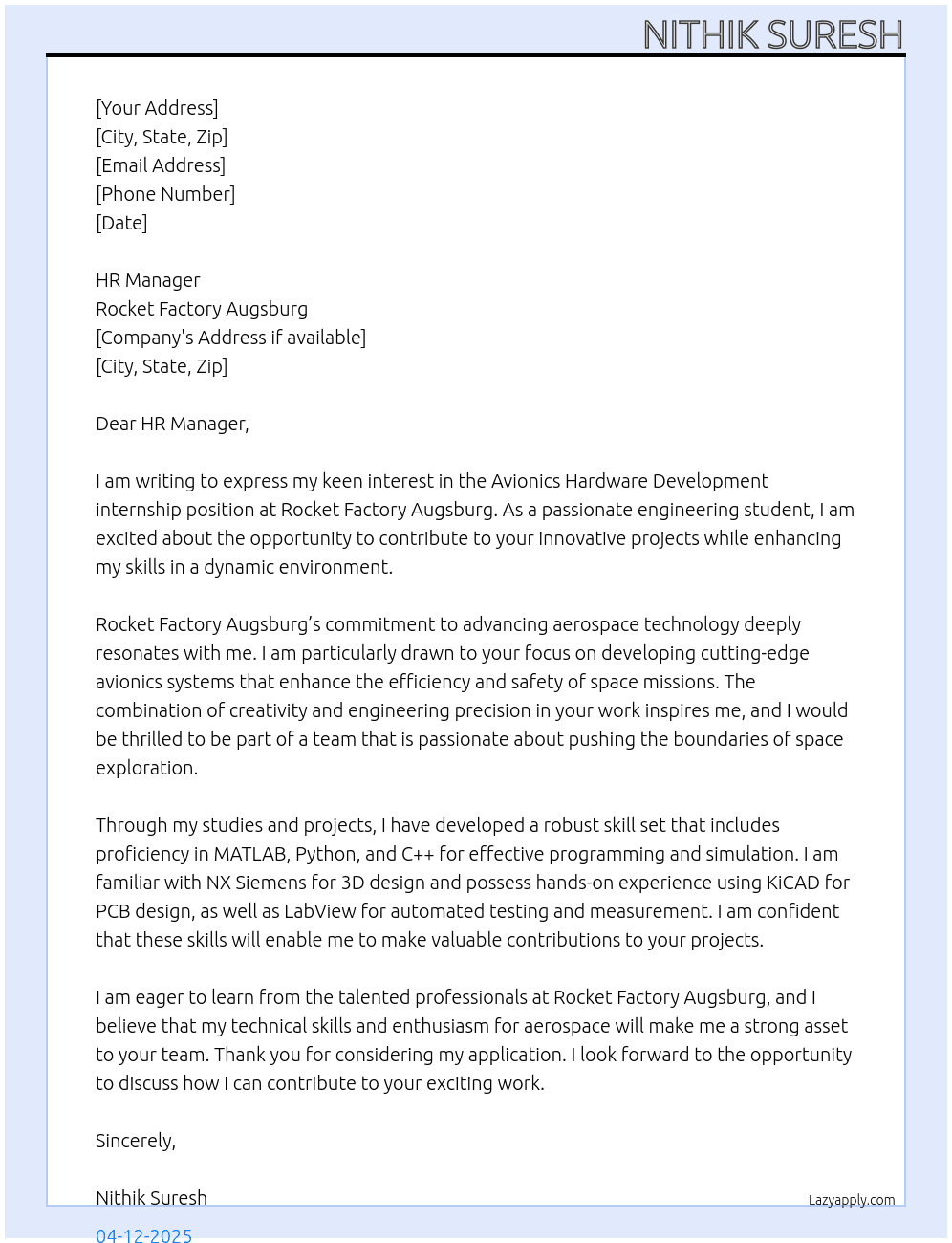 Cover letter for avionics hardware developmen - LazyApply