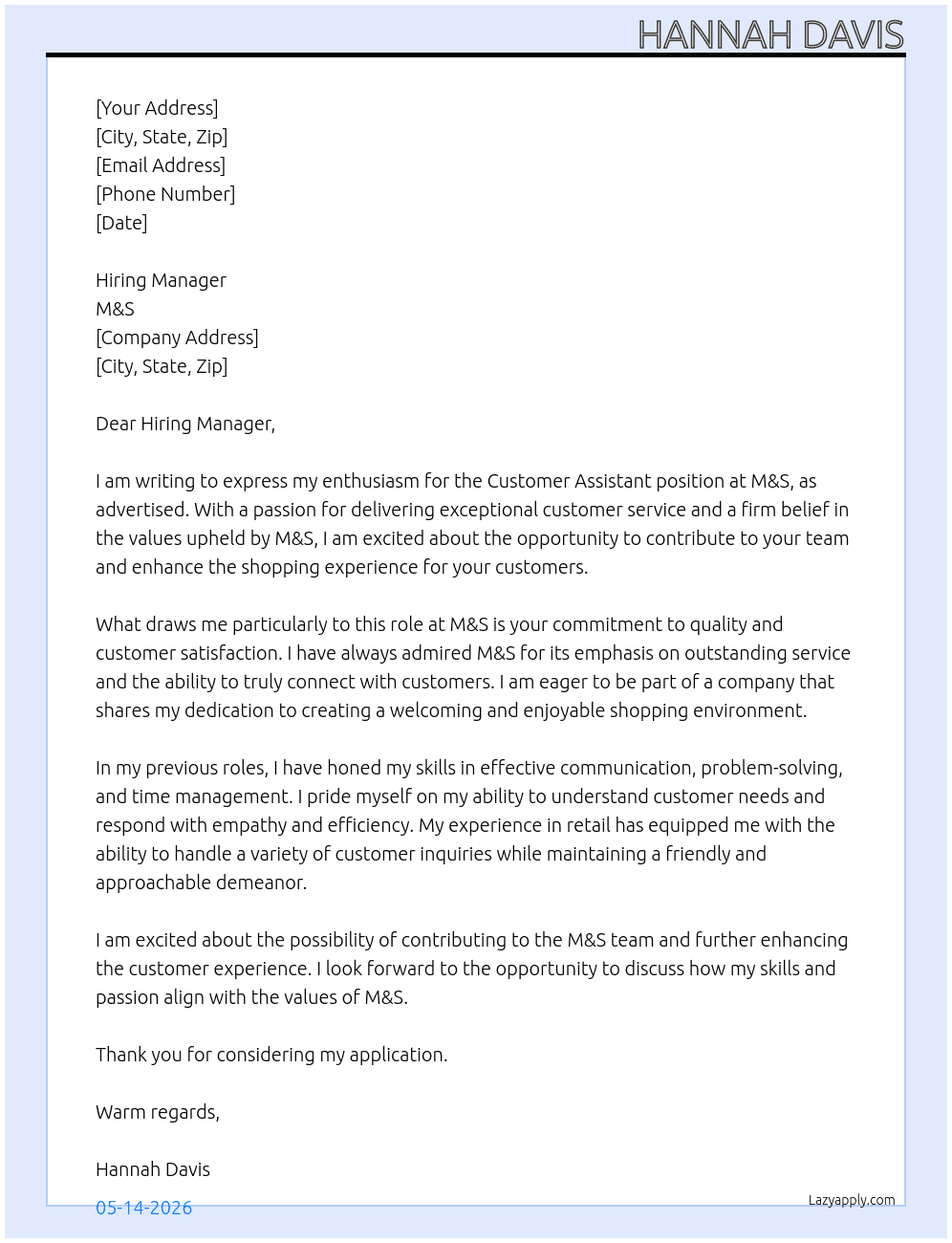 Customer assisant At M&S Cover Letter
