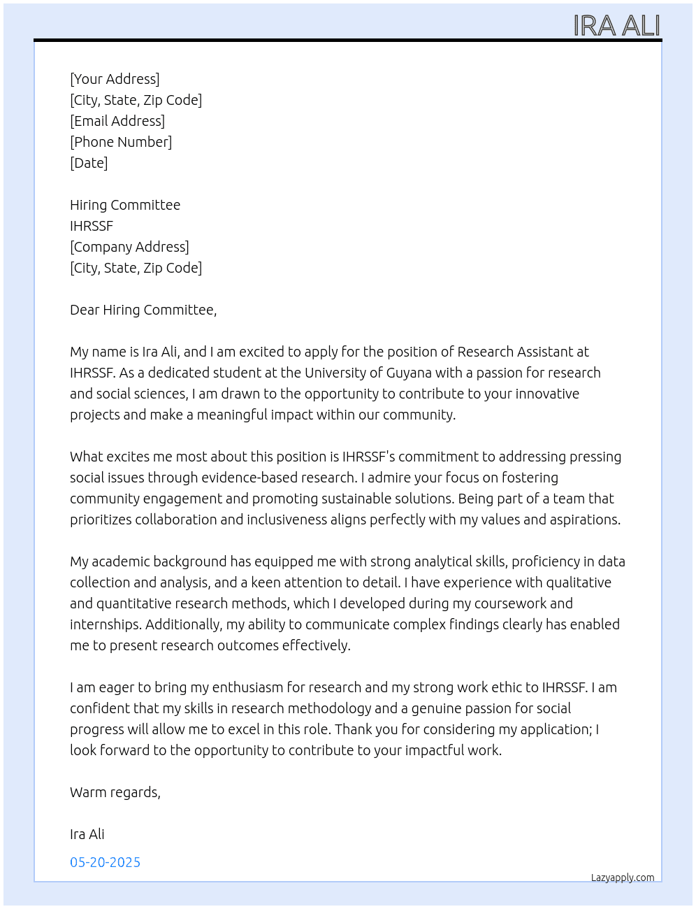 Research Assistant At IHRSSF Cover Letter