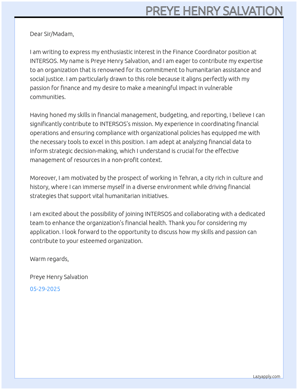 Finance Coordinator At INTERSOS Cover Letter