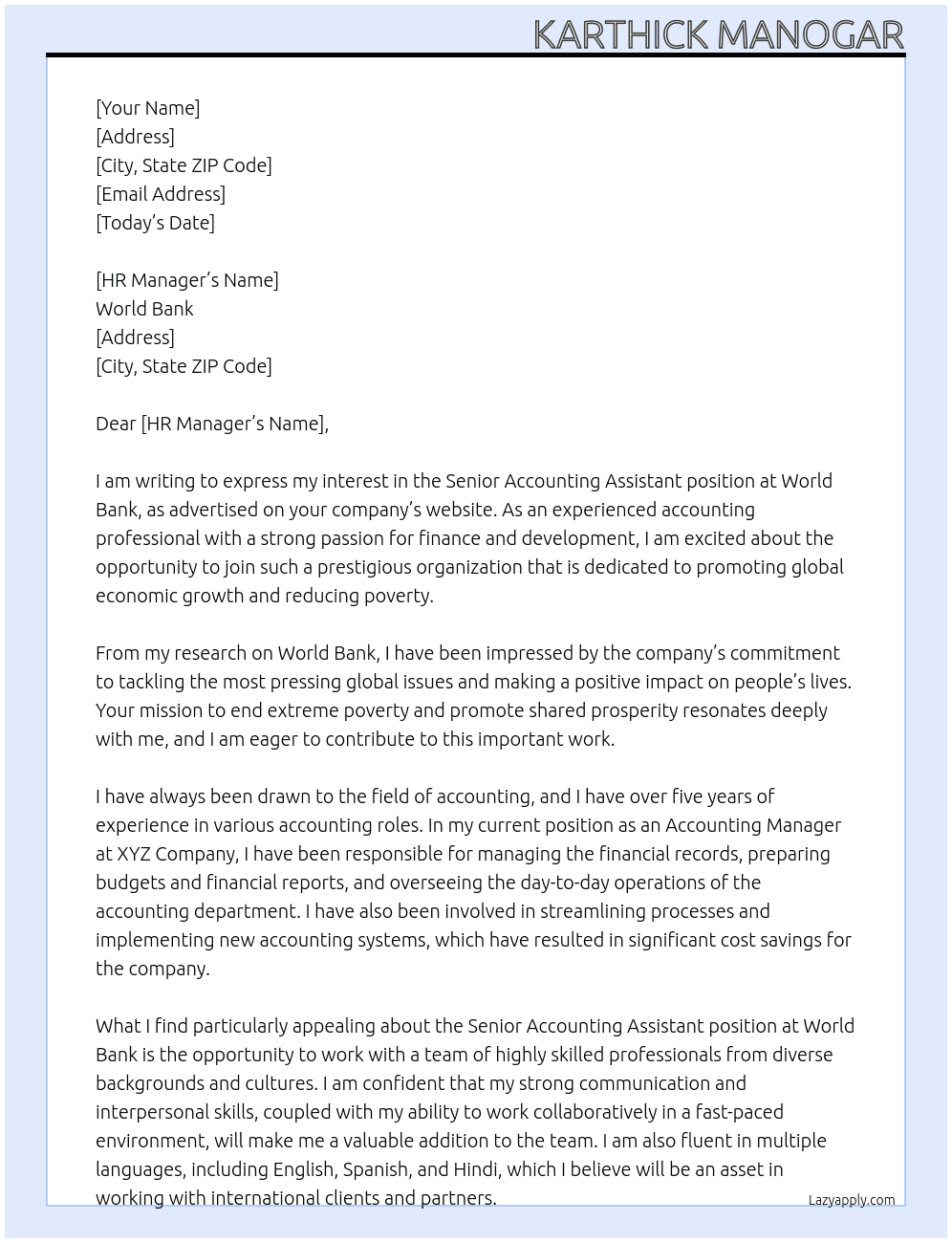 Cover letter for senior accounting assistant - LazyApply