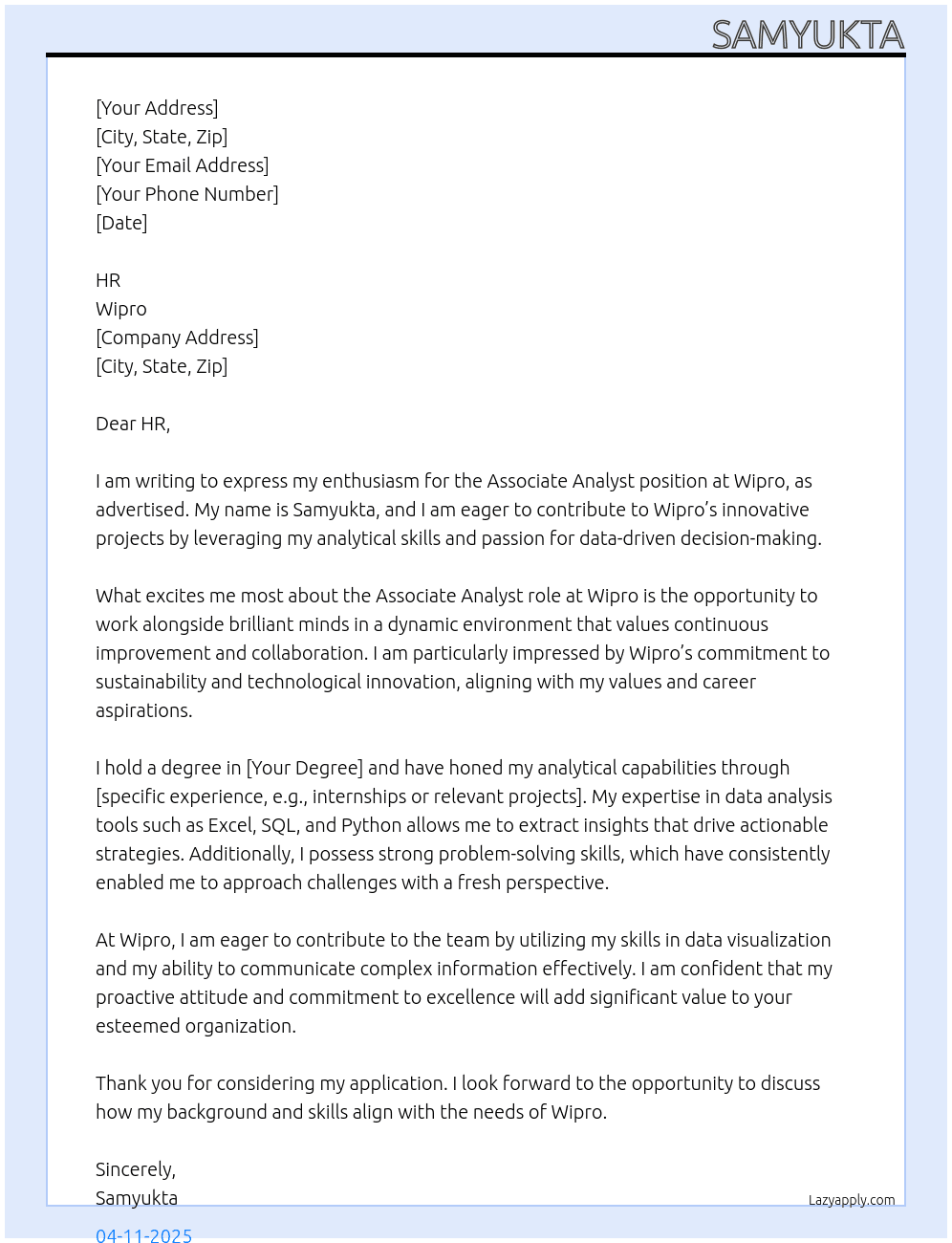 Associate Analyst At wipro Cover Letter