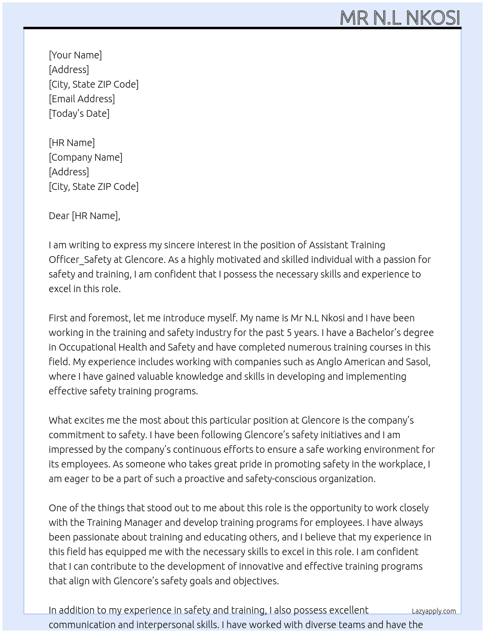 Cover letter for assistant training officer_safty - LazyApply