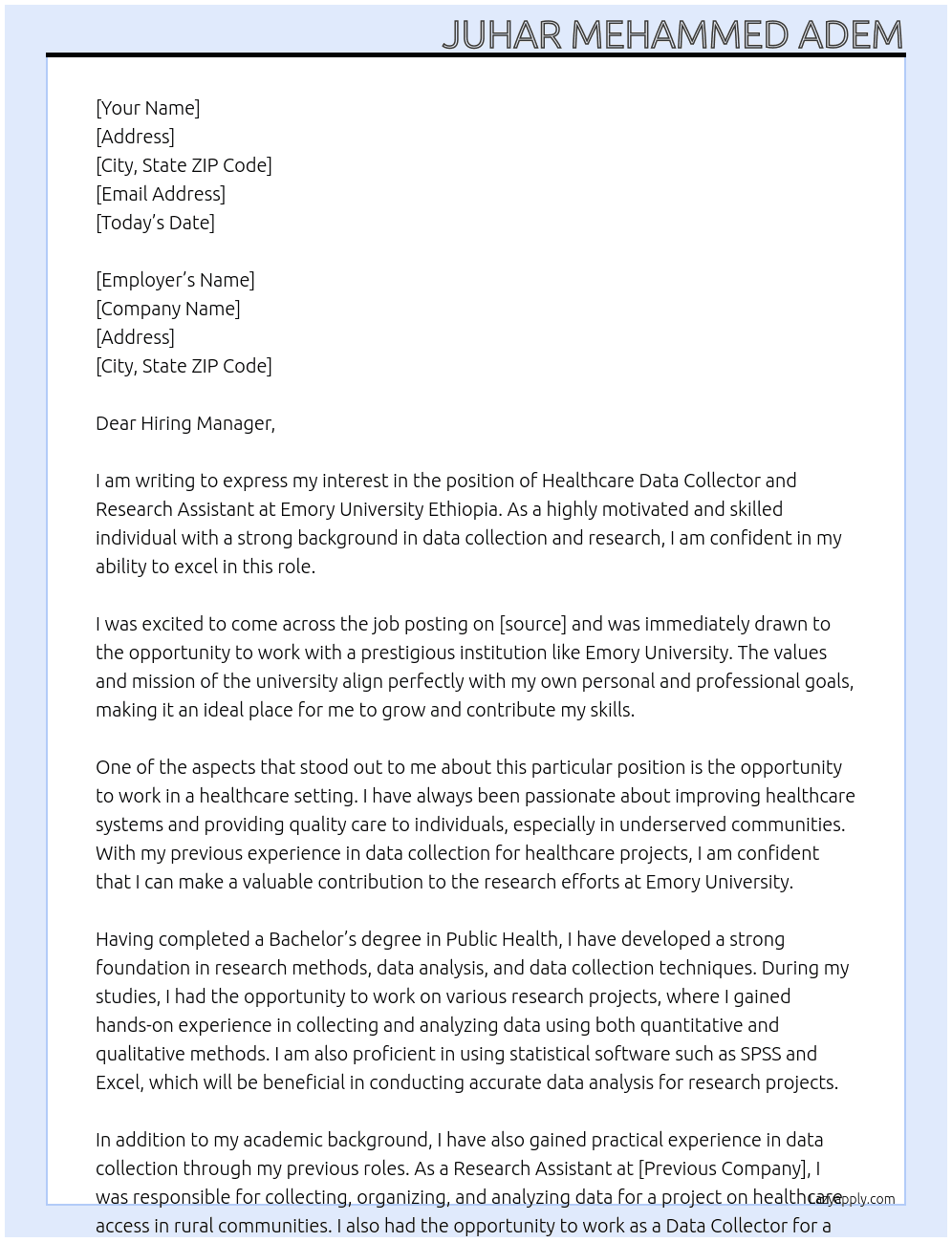 Healthcare data collector and research assistant At Emory university Ethiopia  Cover Letter