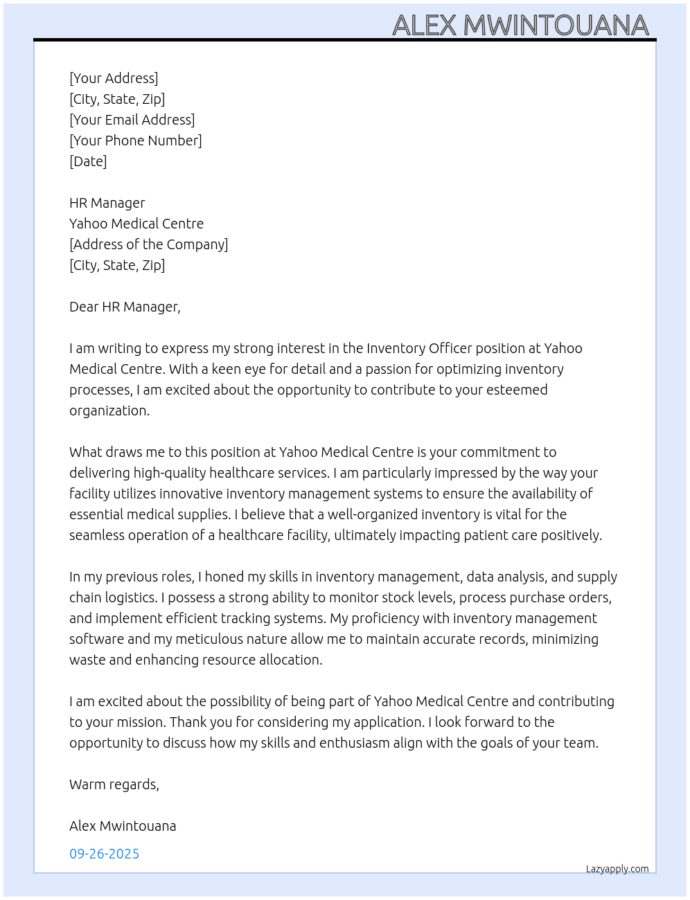 Inventory officer  At Yahoo medical centre Cover Letter