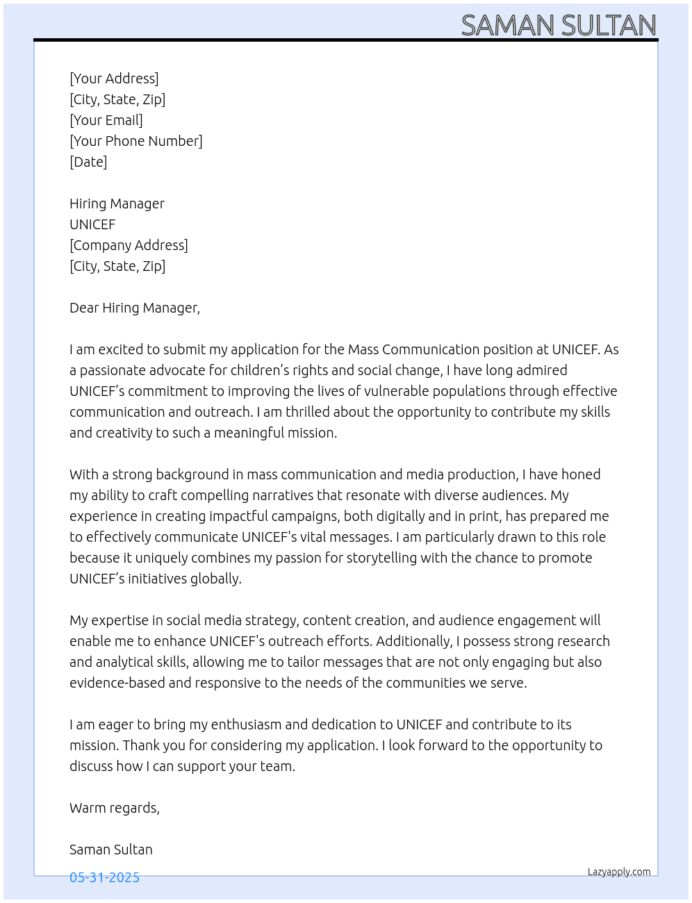 Cover letter for mass communication - LazyApply