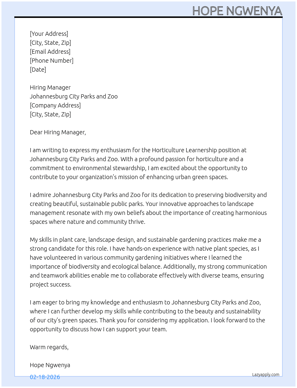 Horticulture Leanership At Johannesburg city Parks and zoo Cover Letter