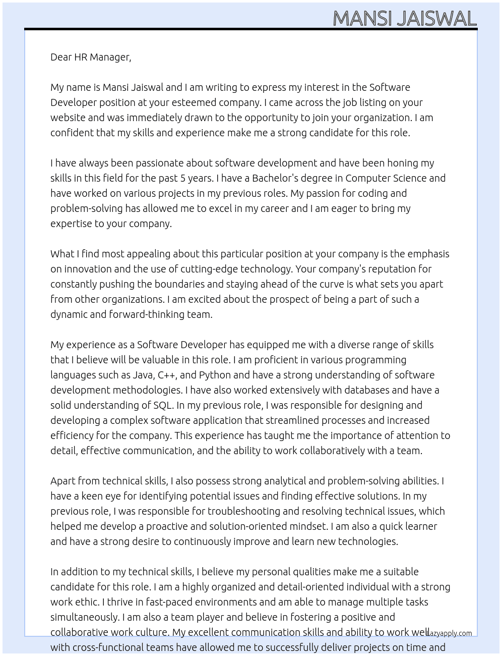 Software Developer At HR Manager Cover Letter