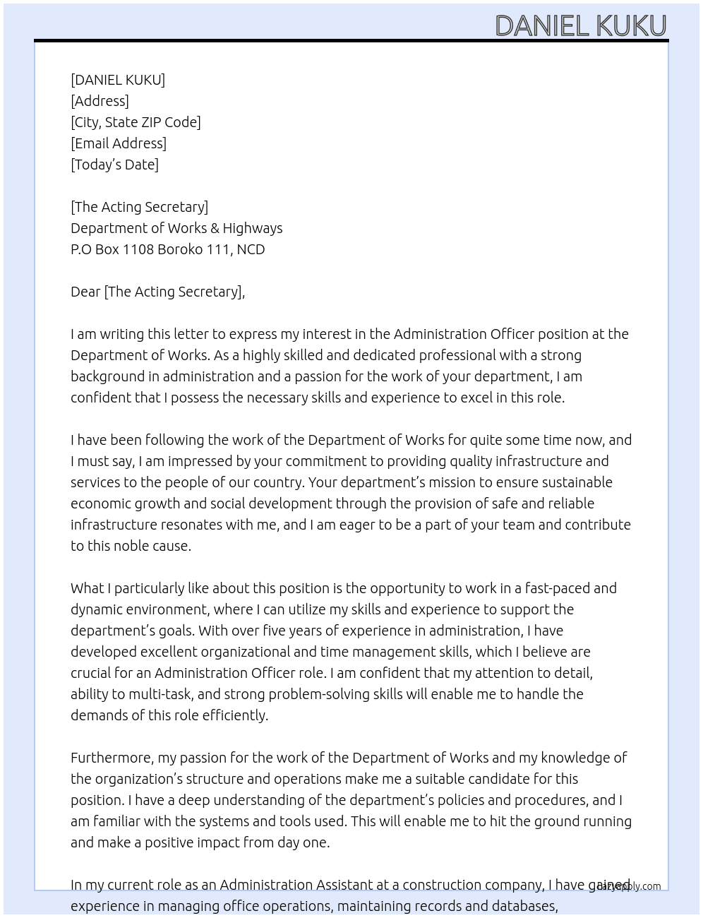 ADMINISTRATION OFFICER At DEPARTMENT OF WORKS Cover Letter