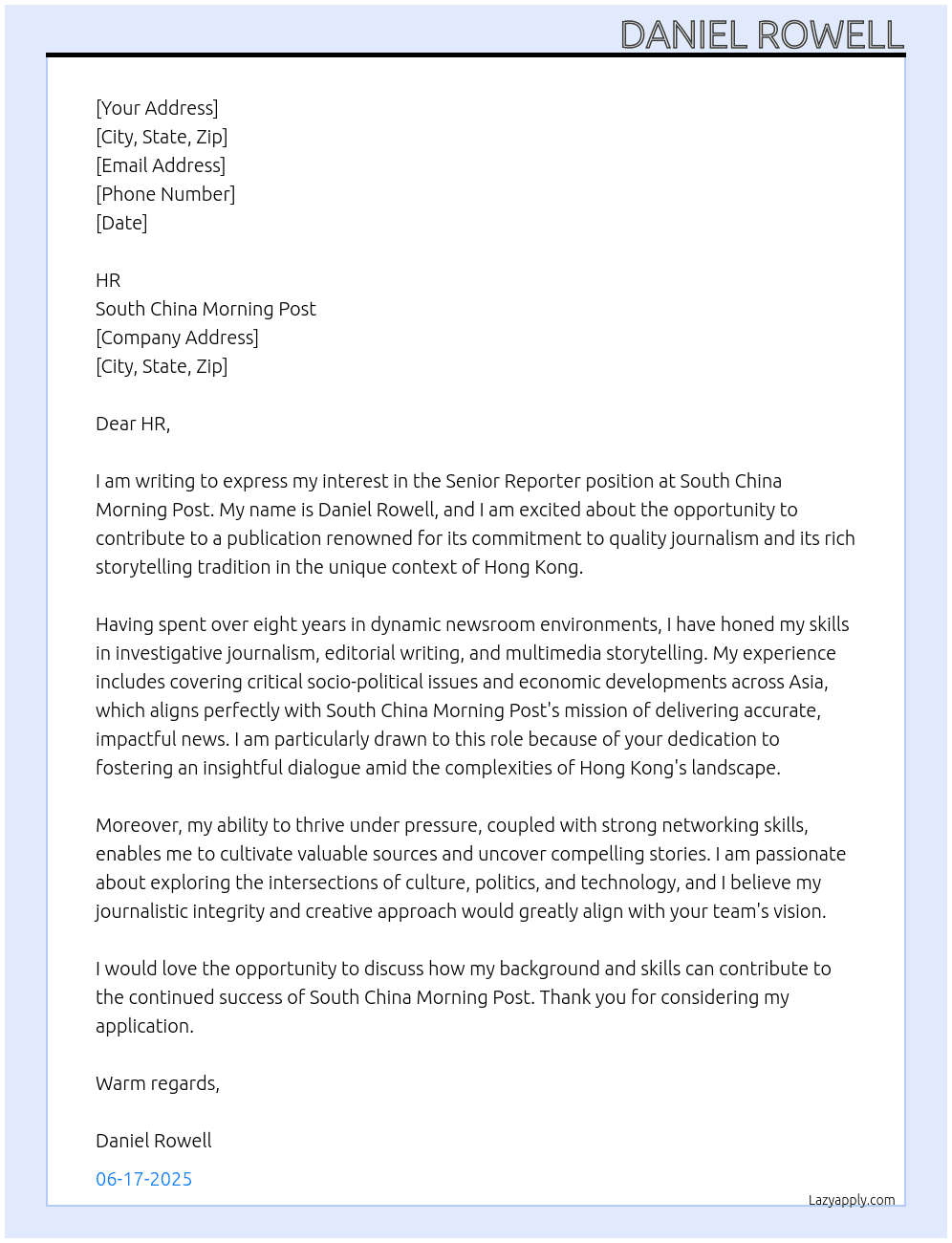 Senior Reporter, Hong Kong At South China Morning Post Cover Letter