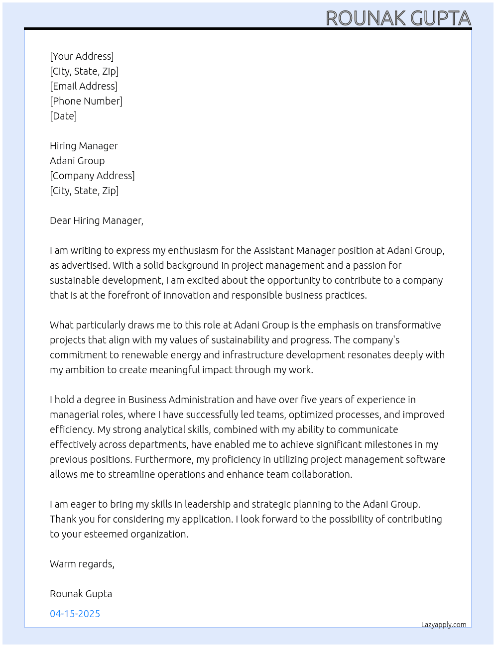 Assistant Manager At Adani Group Cover Letter