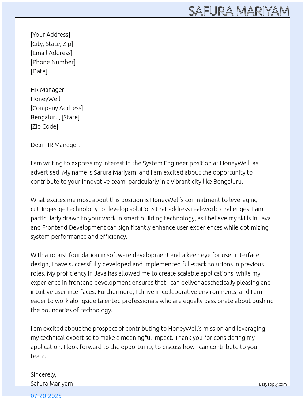 System Engineer At HoneyWell Cover Letter