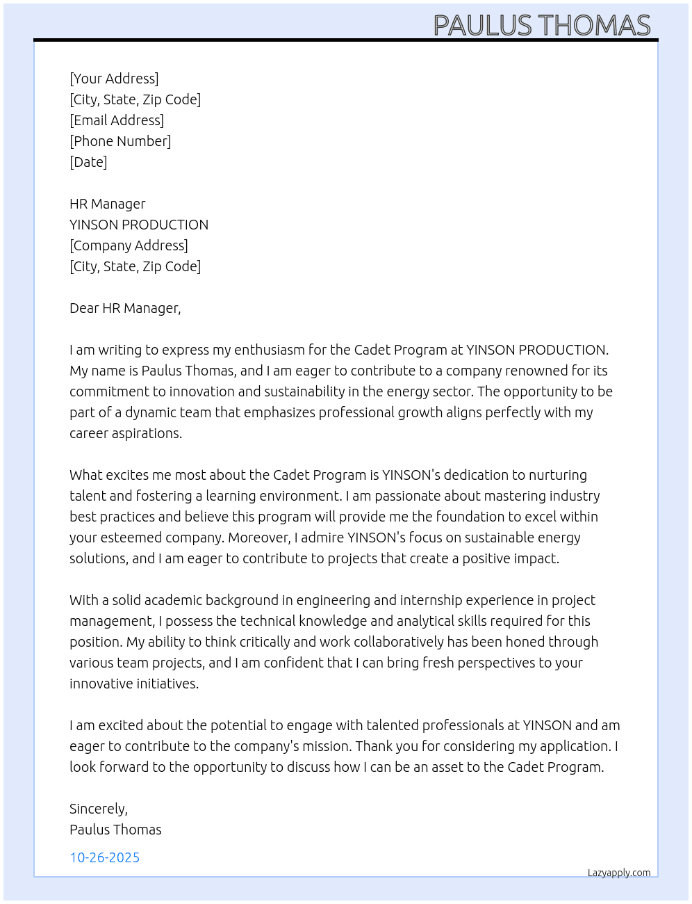 Cadet Program  At YINSON PRODUCTION  Cover Letter