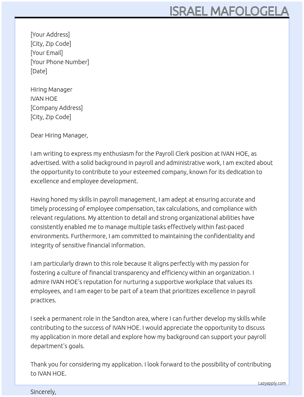 Cover letter for payroll clerk - LazyApply