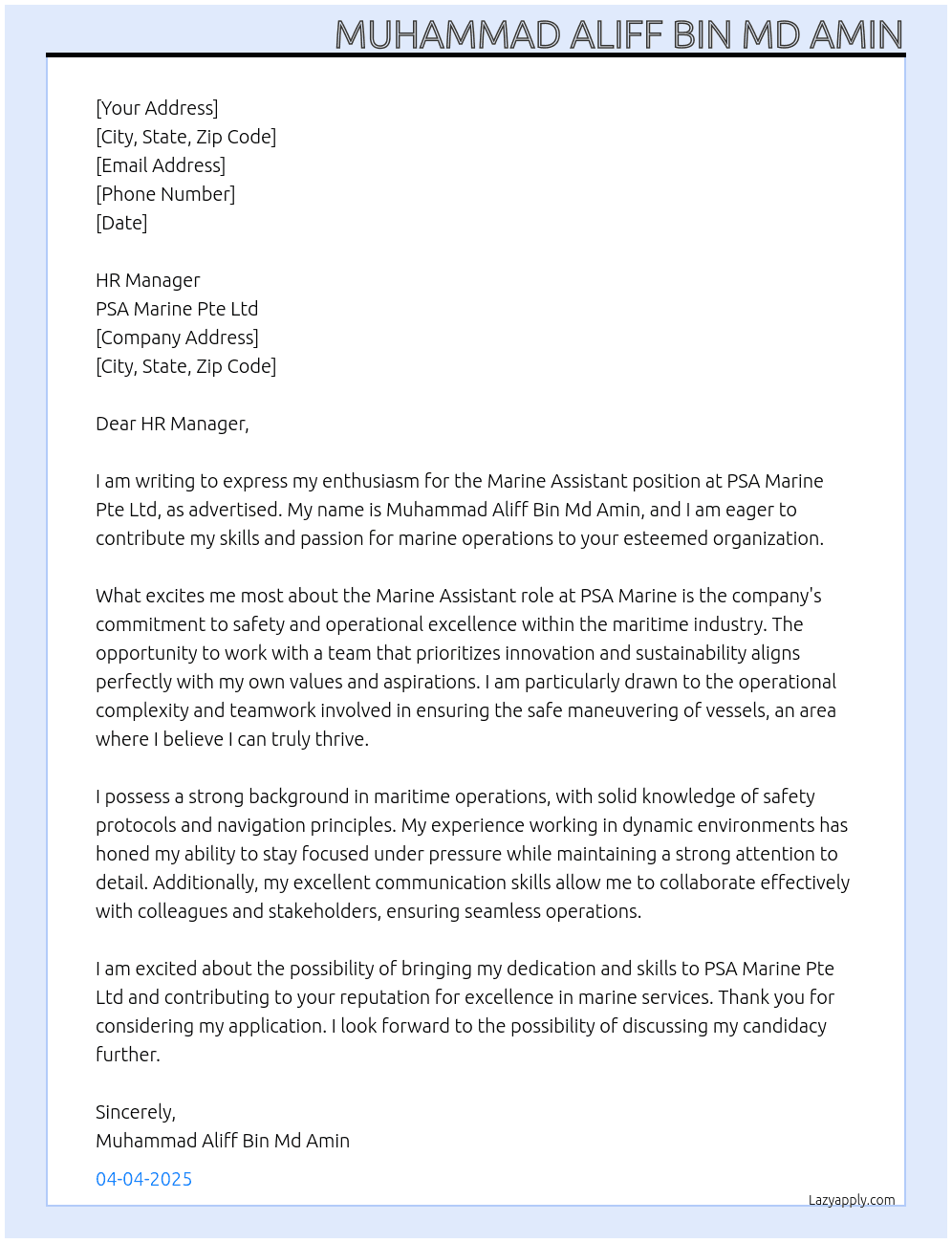 Cover letter for marine assistant - LazyApply