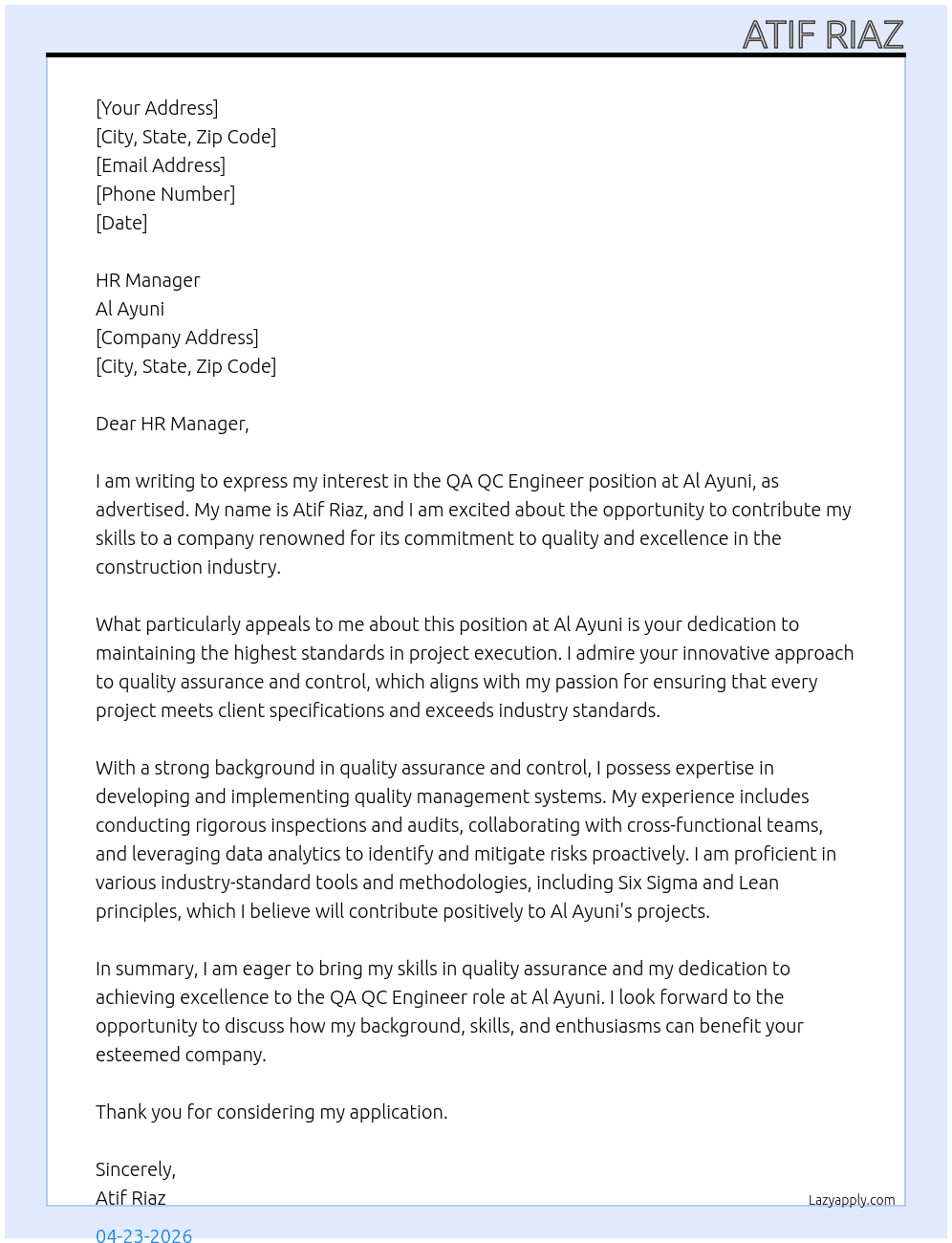 QA QC Engineer At Al Ayuni Cover Letter