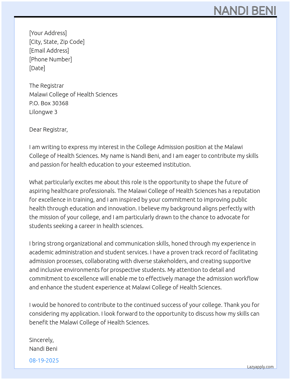College admission At Malawi college of Health sciences  Cover Letter