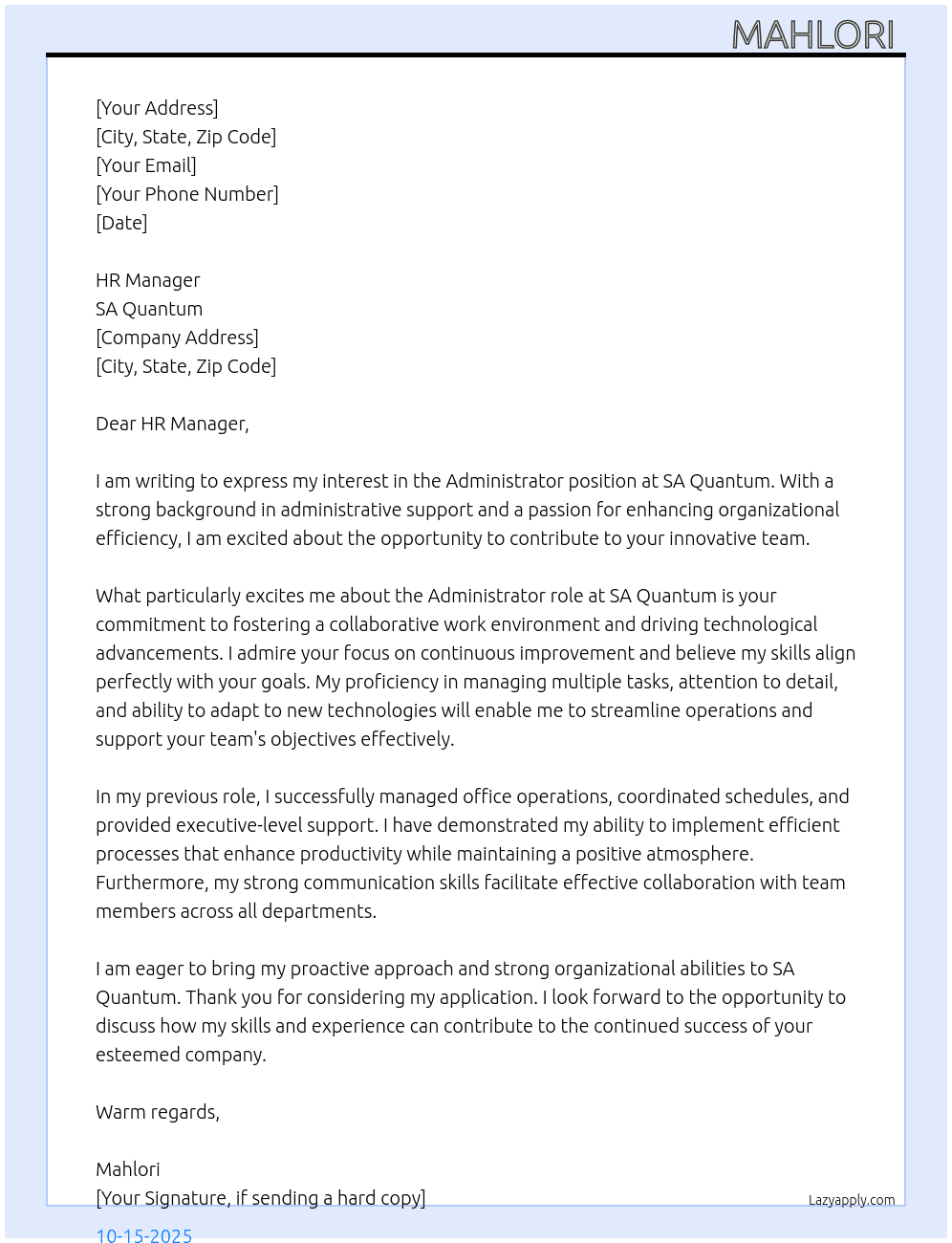 Administrator At SA Quantum Cover Letter