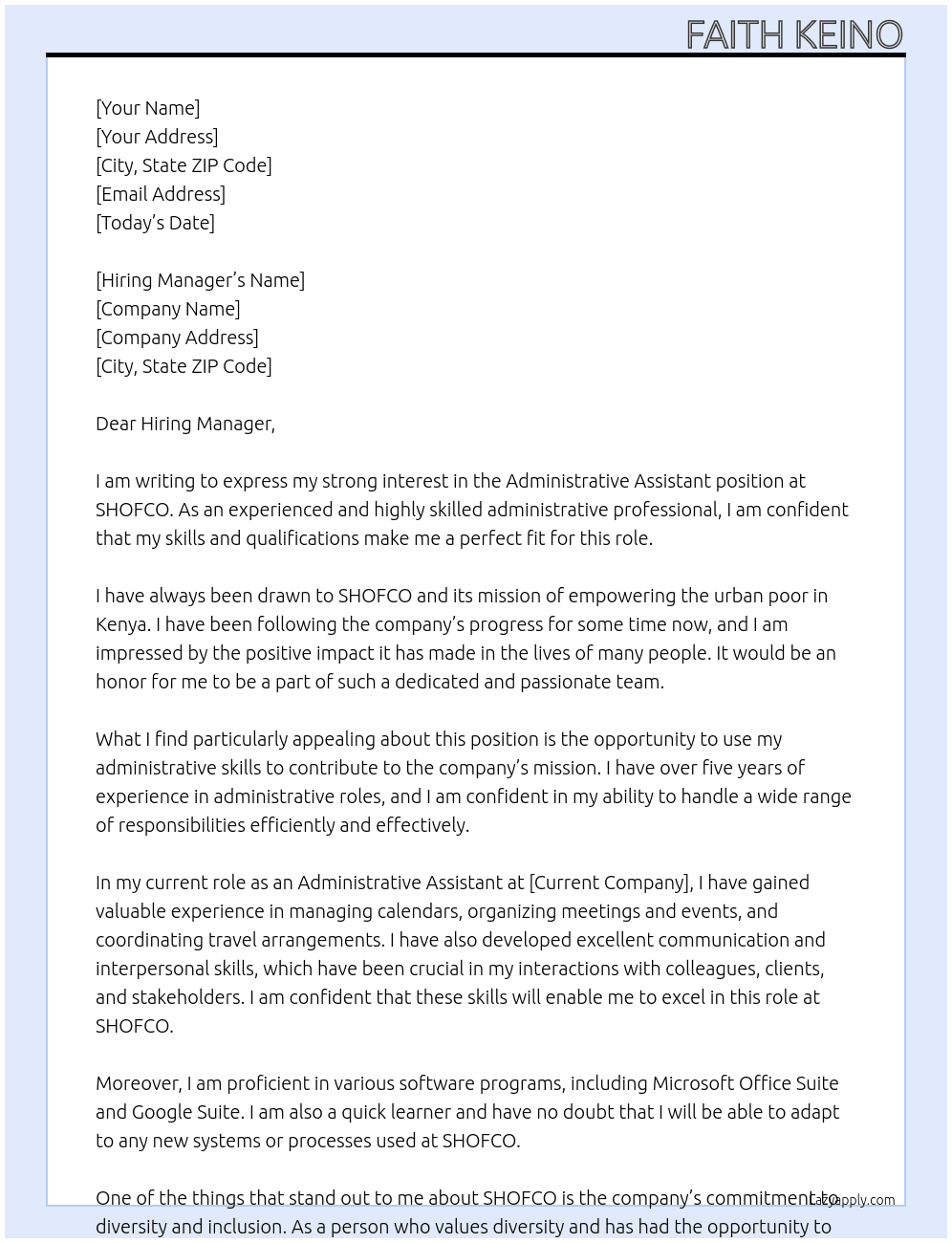 Administrative assistant At SHOFCO Cover Letter