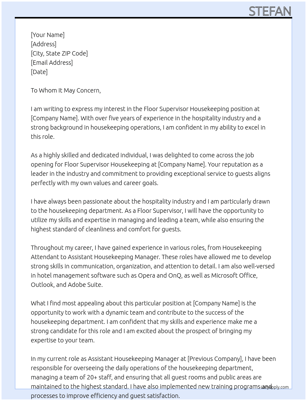 Floor Supervisor housewkeeping At ex Cover Letter
