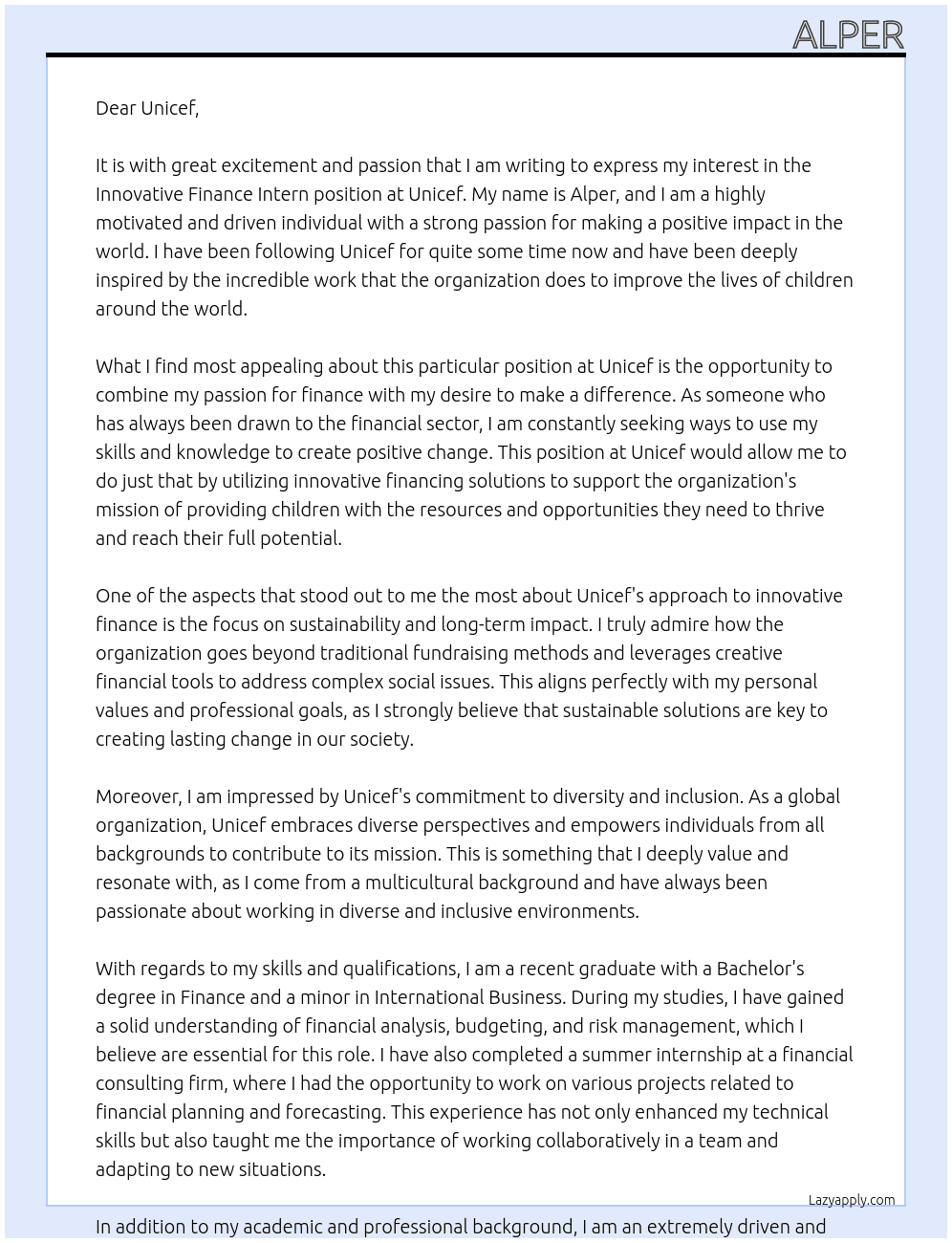 Cover letter for innovative finance intern - LazyApply
