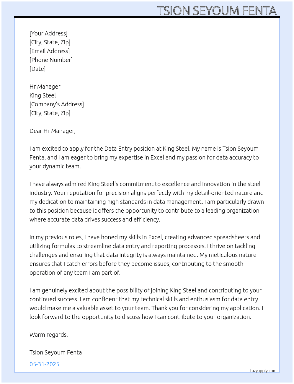 Data entry  At King steel Cover Letter