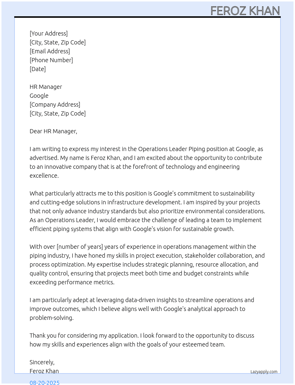 Cover letter for operations leader piping - LazyApply