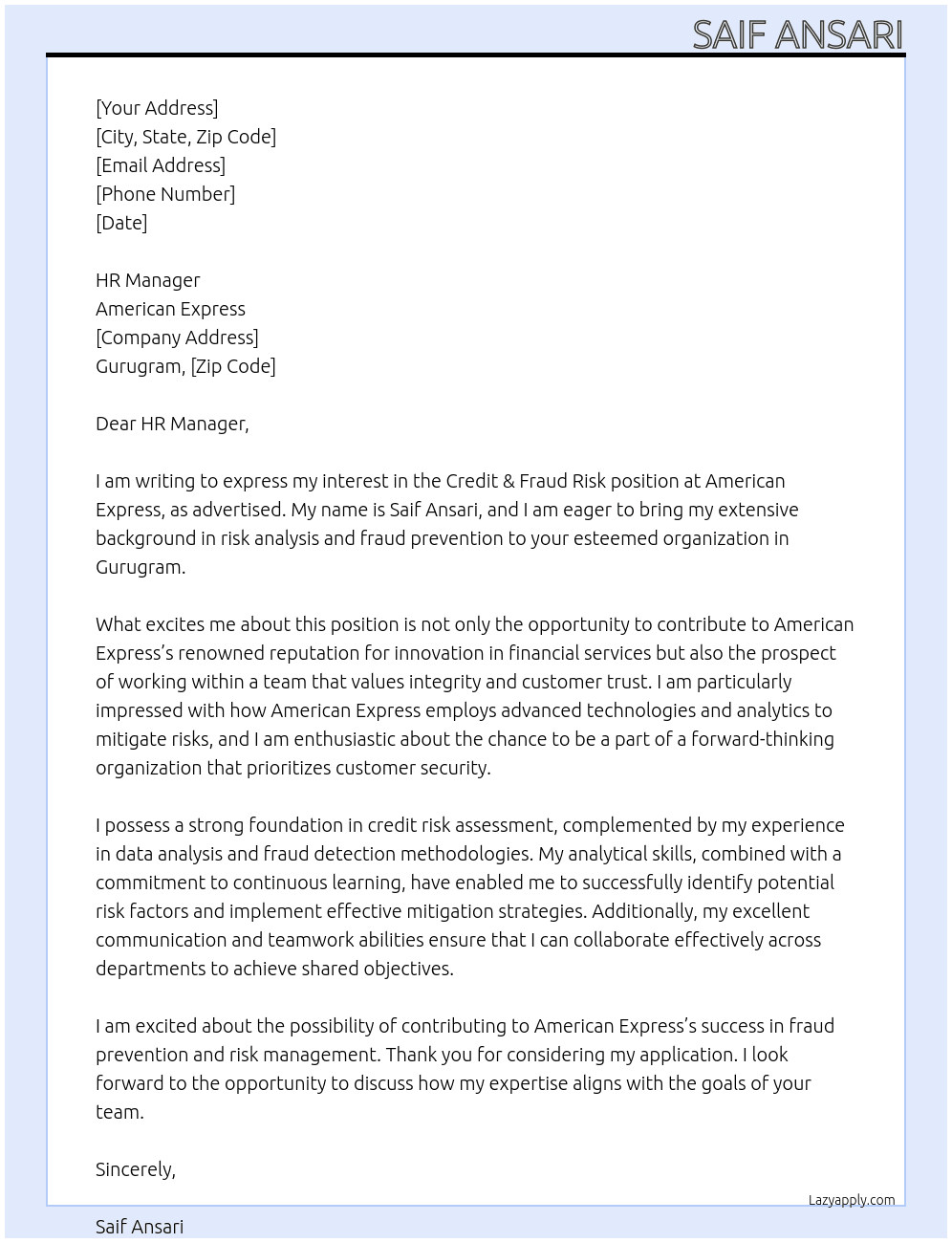 Credit & fraud risk At American express  Cover Letter