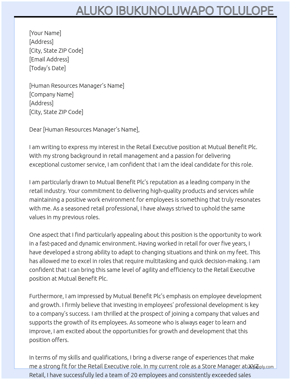 Retail Executive  At Mutual Benefit Plc Cover Letter