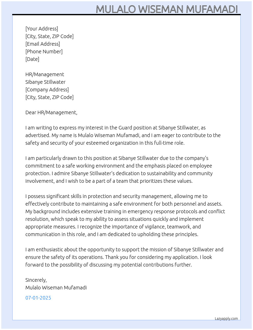 Guard  At Sibanye stillwater  Cover Letter