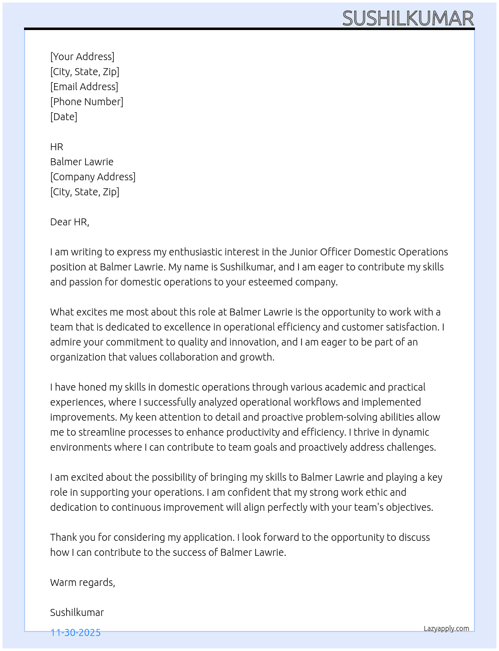 junior officer domestic operations At balmer lawrie Cover Letter