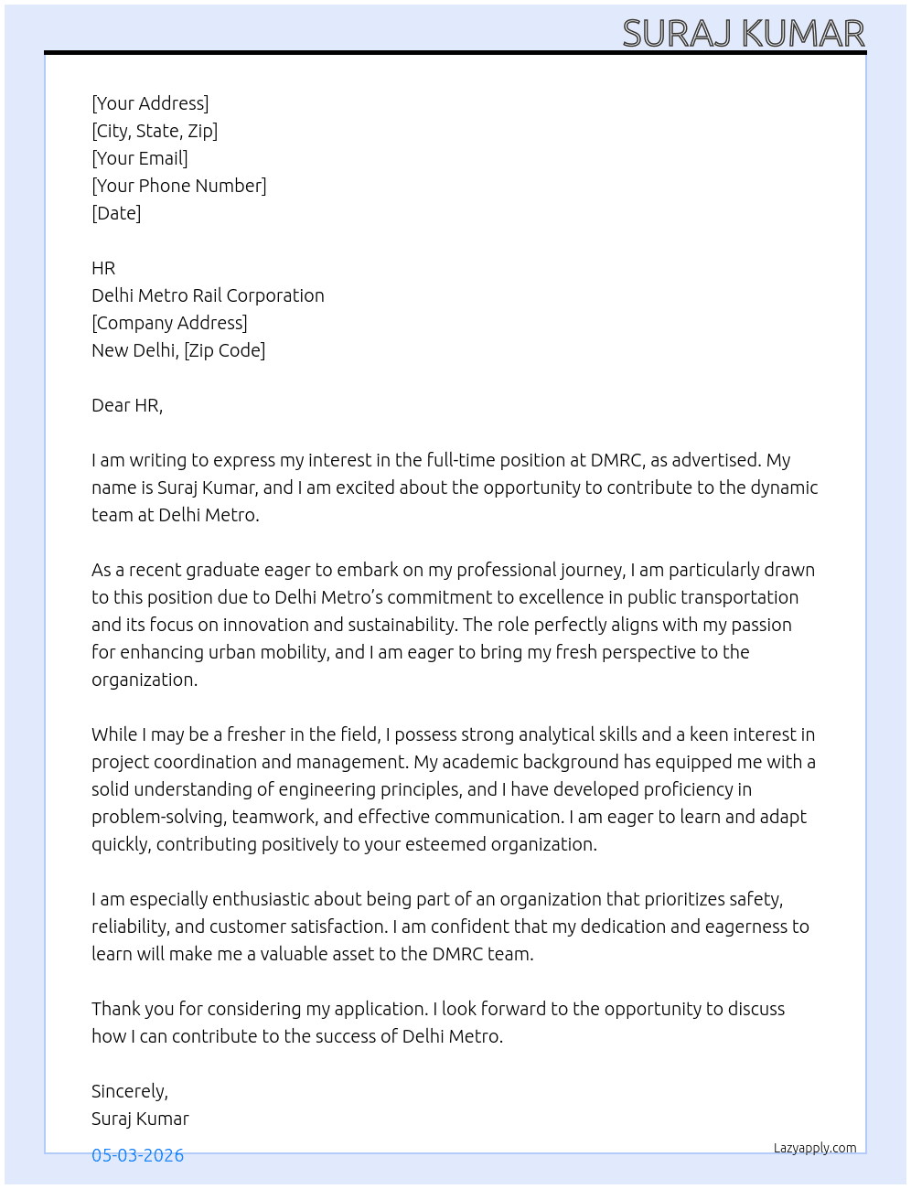 DMRC  At Delhi metro  Cover Letter