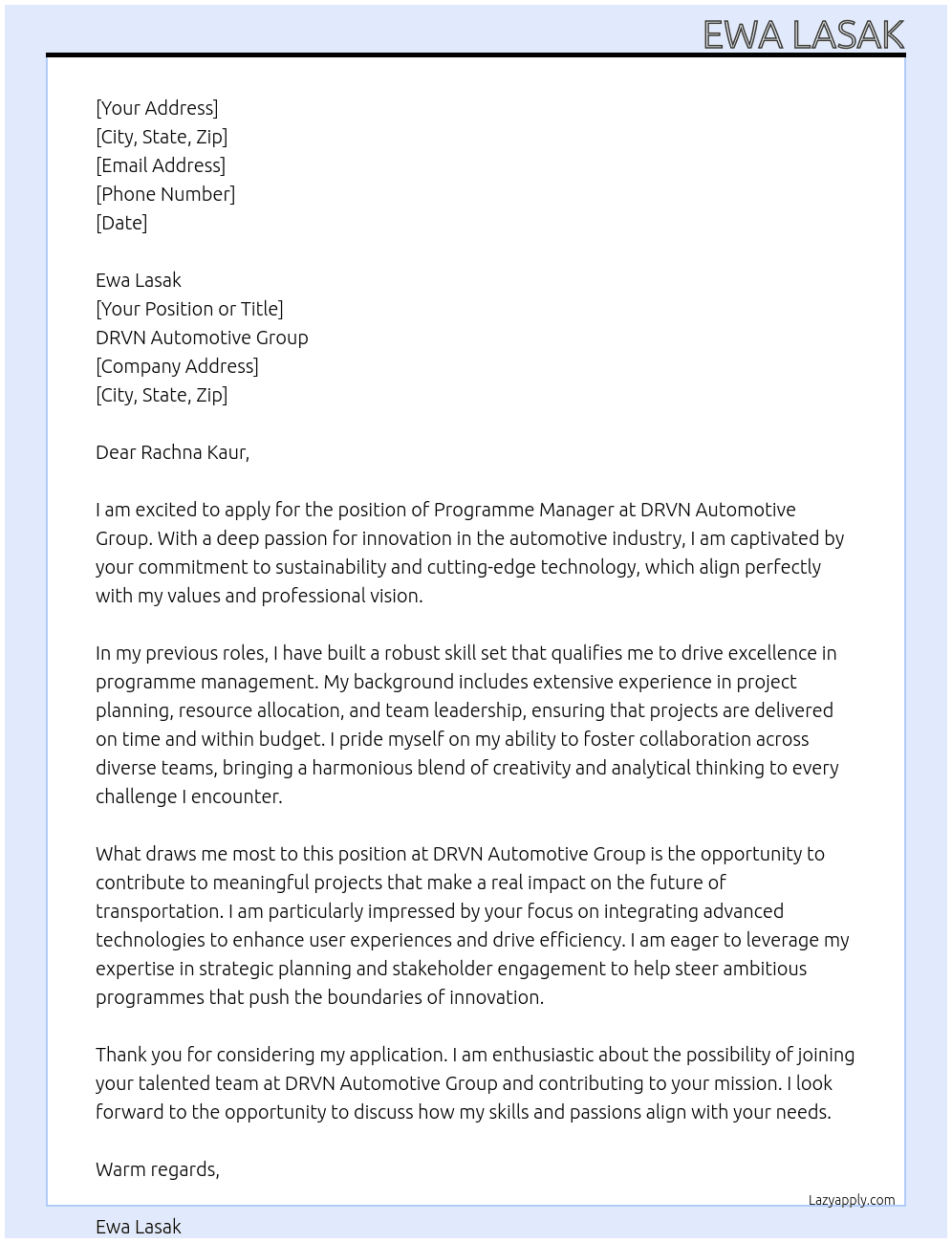 Programme Manager At DRVN Automotive Group Cover Letter
