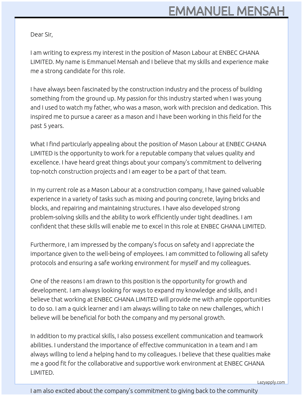 Cover letter for mason labour - LazyApply