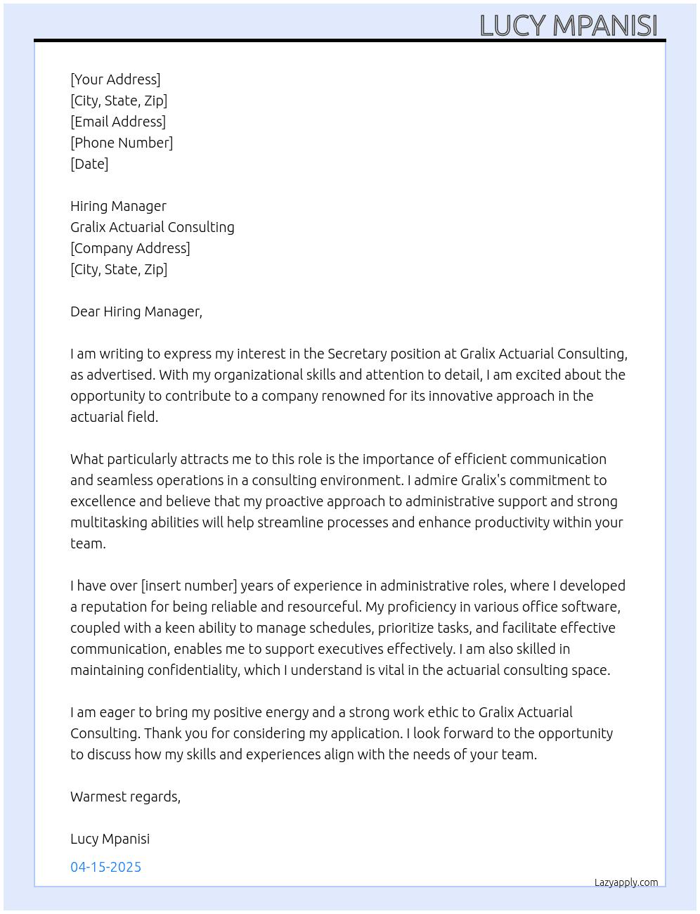 Secretary  At Gralix actuarial consulting Cover Letter