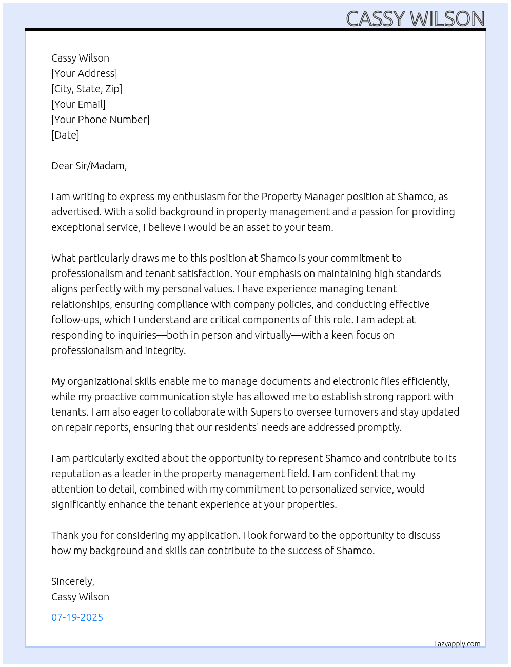 Property Manager At Shamco Cover Letter