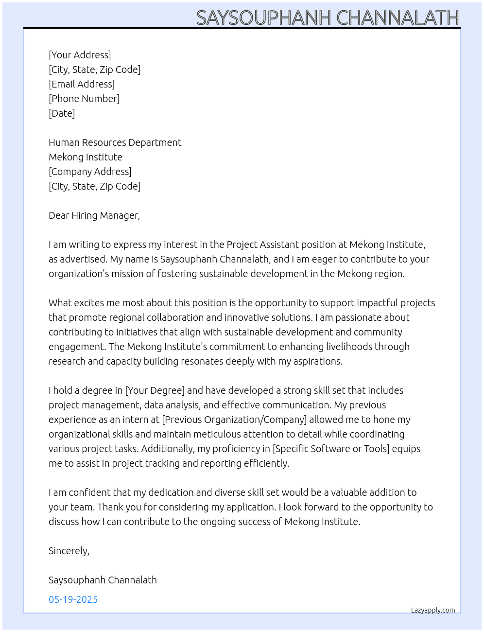 project assistant At Mekong Institute Cover Letter