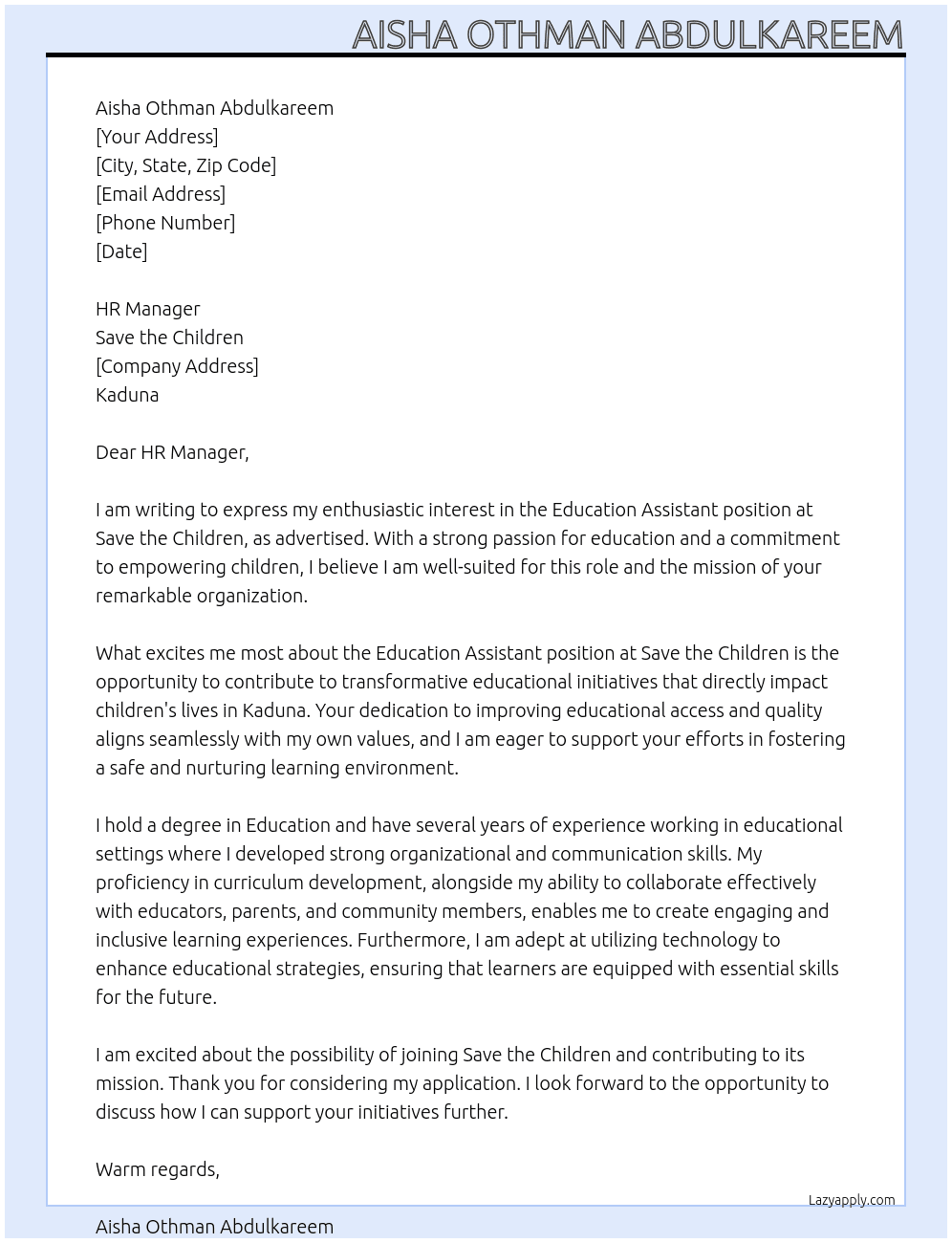Education Assistant At Save the Children, Kaduna Cover Letter