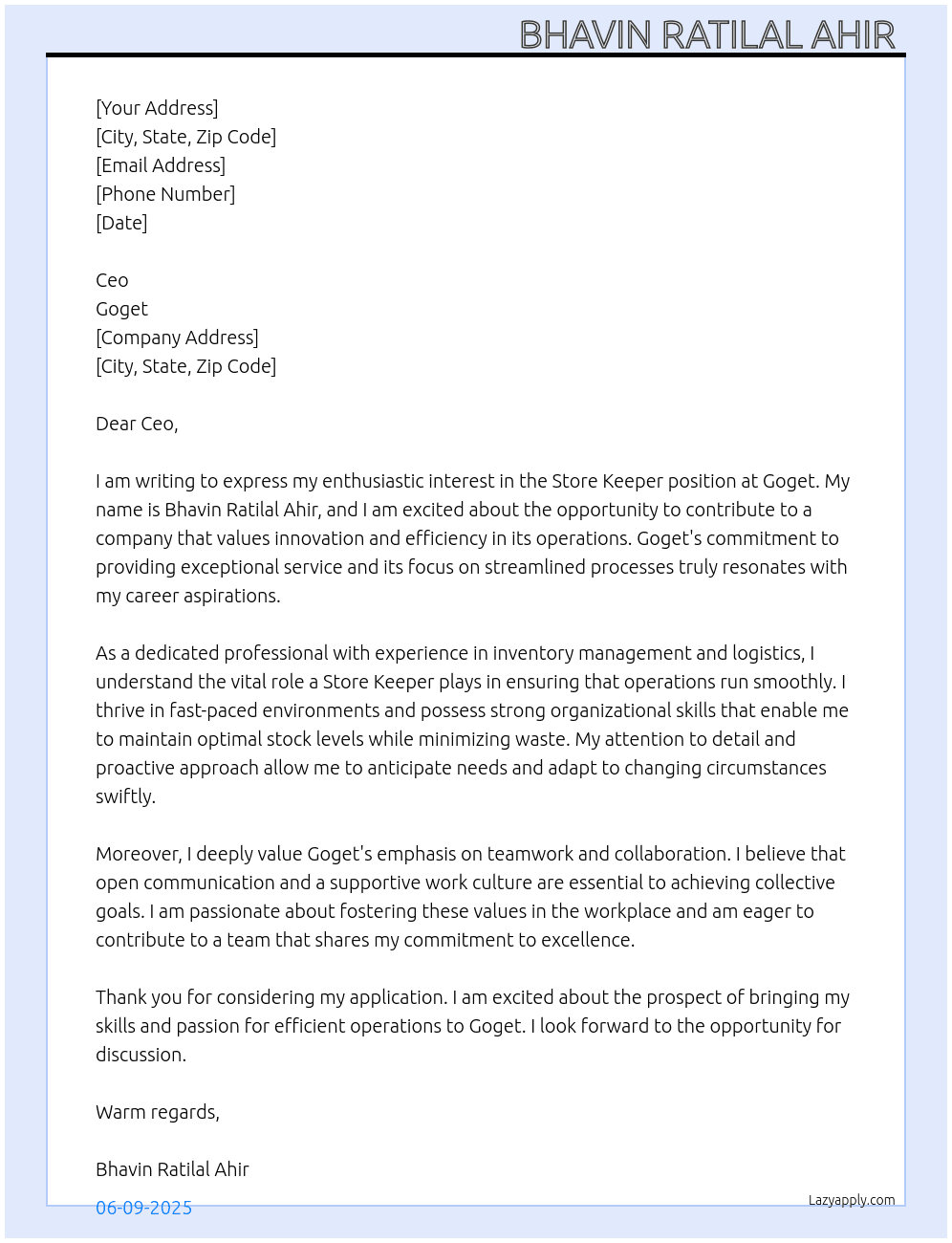 Store keeper or any At Goget  Cover Letter