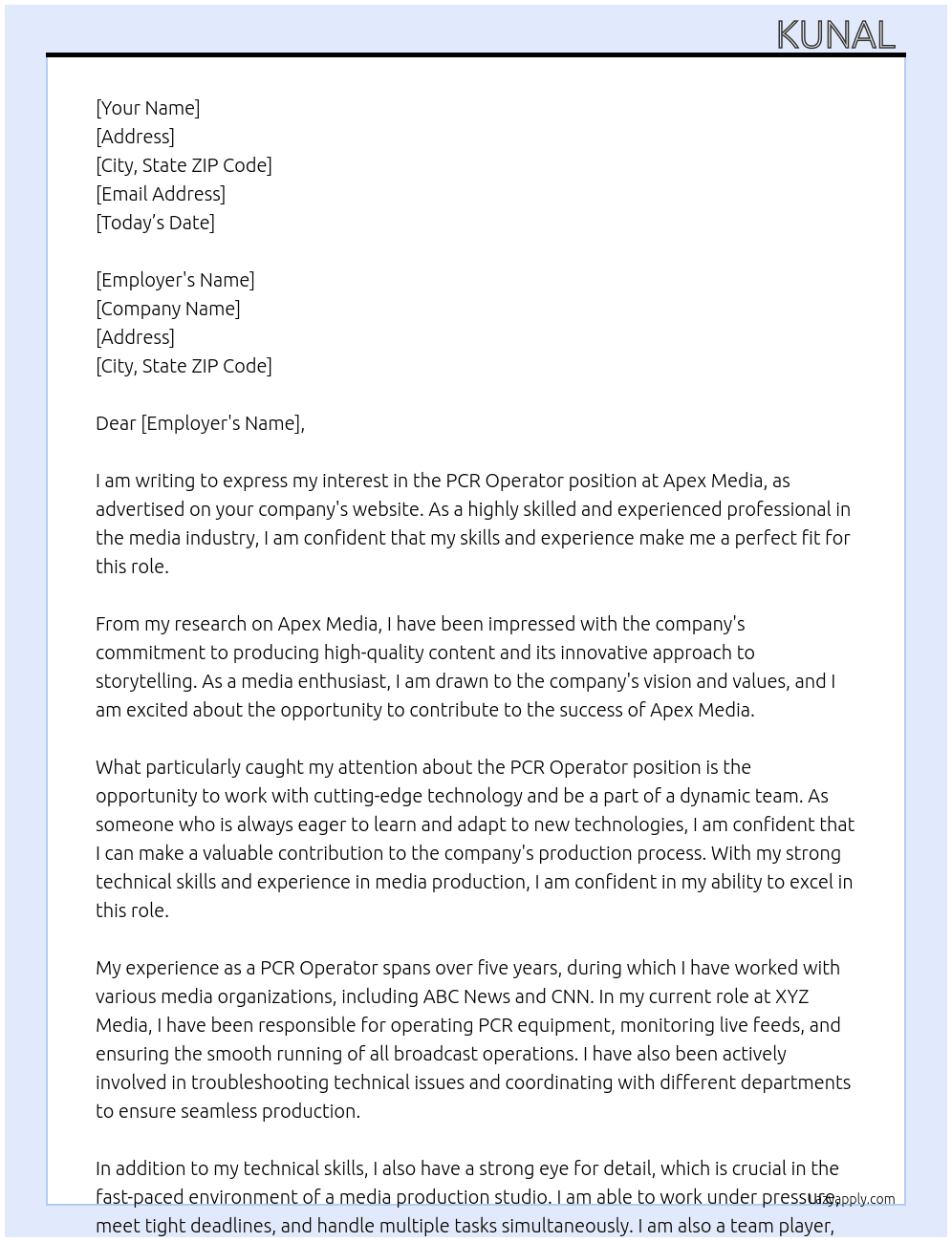 PCR Operator At Apex Media Cover Letter