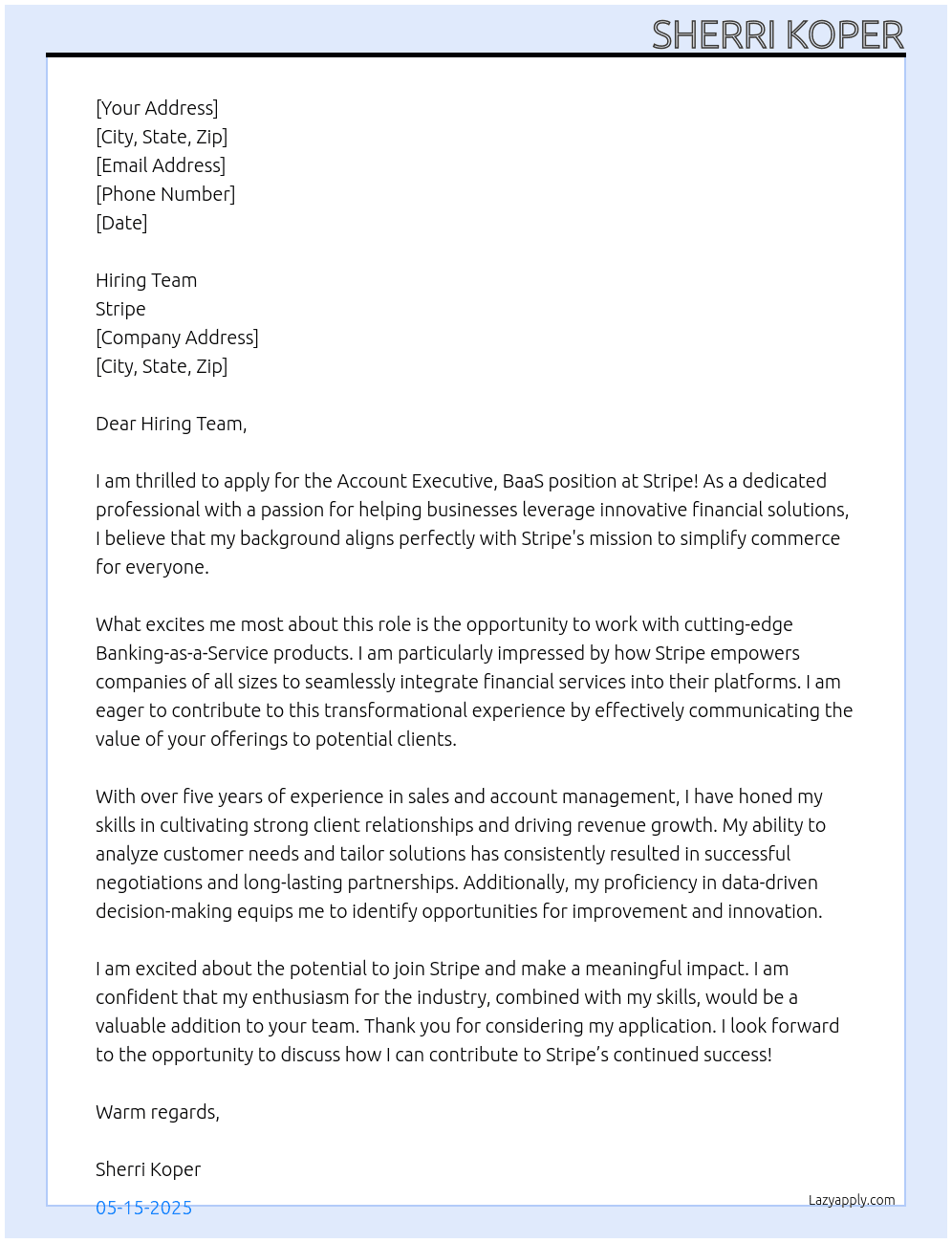 Account Executive, BaaS At Stripe Cover Letter