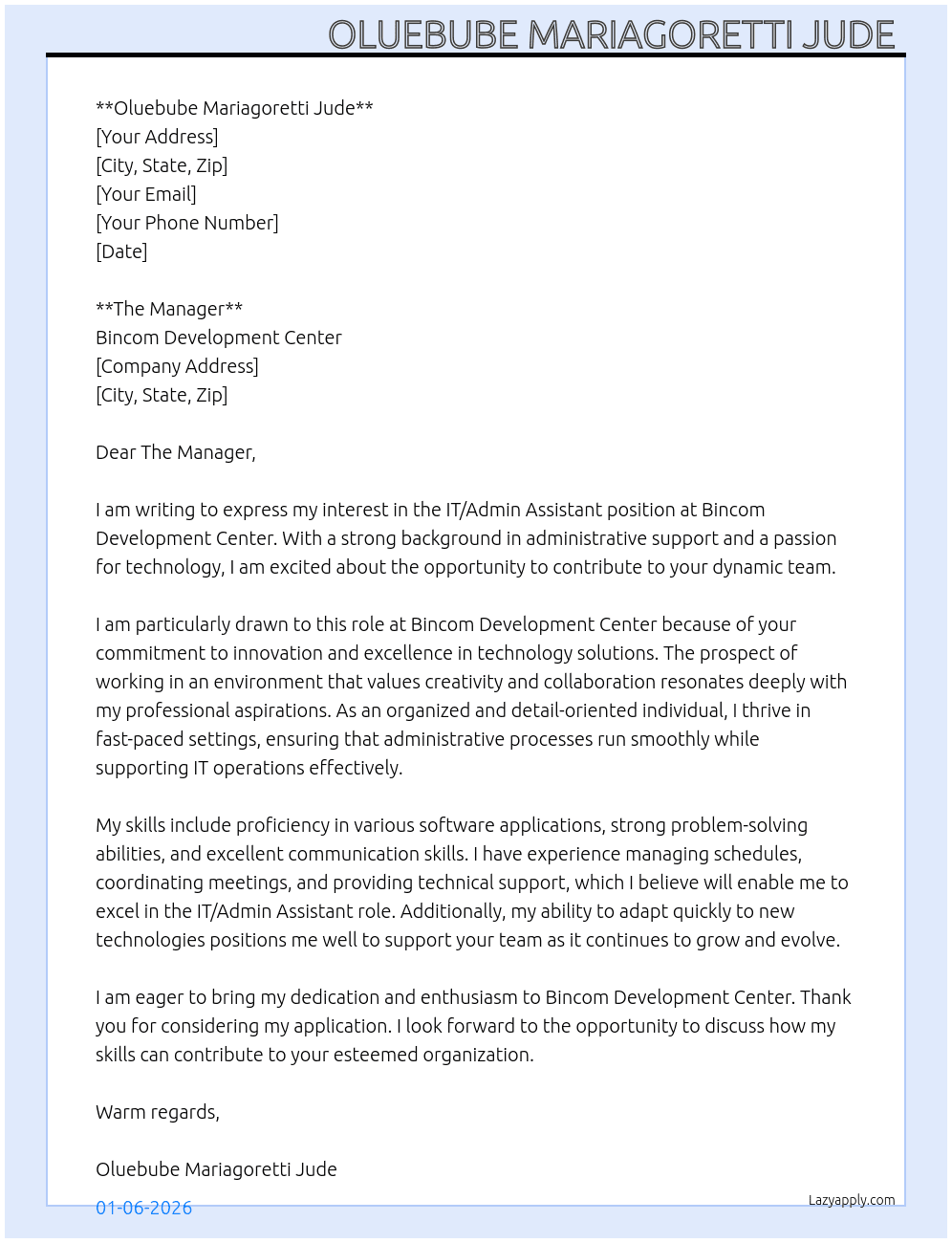 IT/ADMIN ASSISTANT  At Bincom Development Center Cover Letter